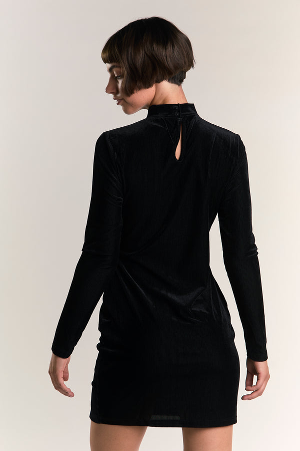 Glamorous Black Velvet-Rib High-Neck Mini-Dress