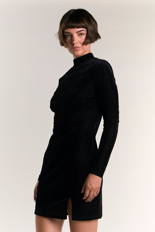 Glamorous Black Velvet-Rib High-Neck Mini-Dress