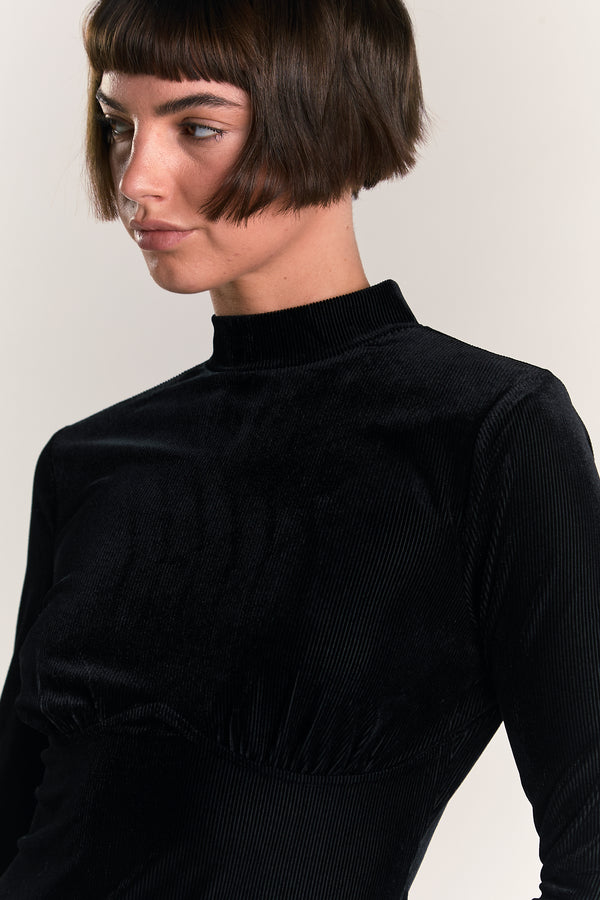 Glamorous Black Velvet-Rib High-Neck Mini-Dress