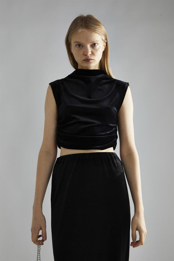 Glamorous Black-Velvet Ruched Crop-Top