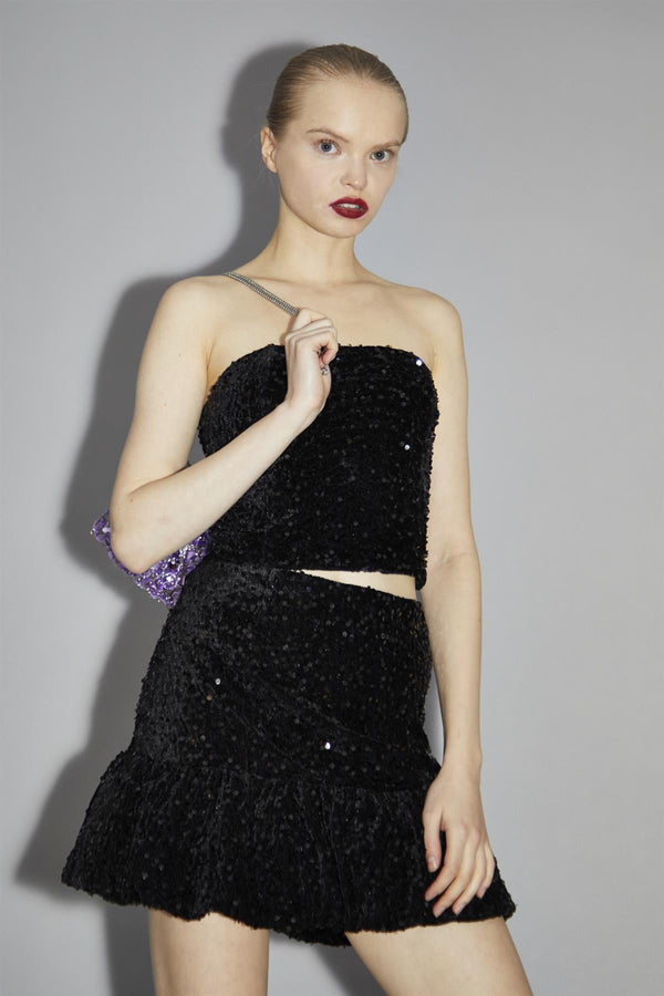Glamorous Black Velvet-Sequin Bandeau Crop-Top