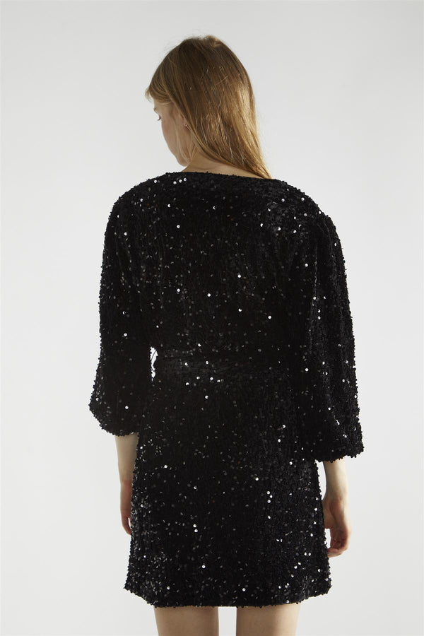 Glamorous Black Velvet-Sequin Wrap Mini-Dress
