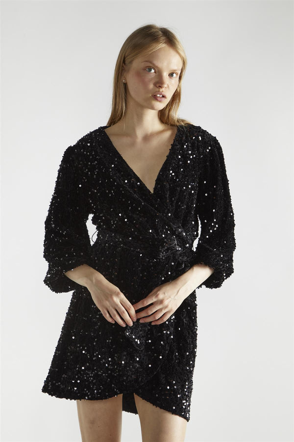 Glamorous Black Velvet-Sequin Wrap Mini-Dress