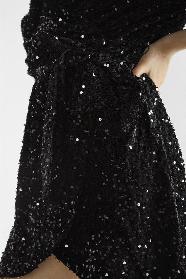 Glamorous Black Velvet-Sequin Wrap Mini-Dress