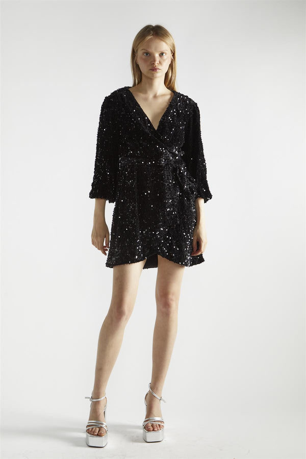 glamorous Black Velvet-Sequin Wrap Mini-Dress
