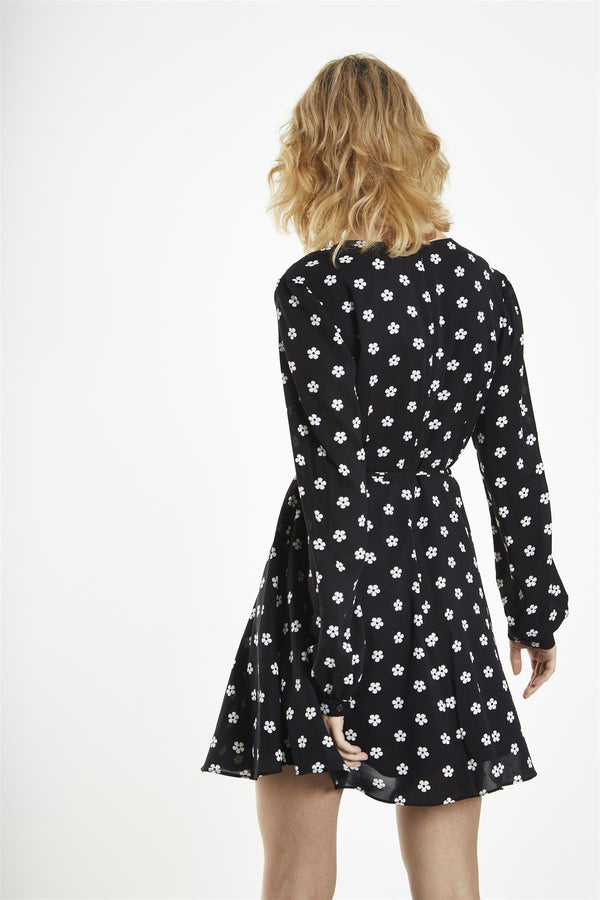 Glamorous Black-White Daisy Long Sleeve Mini-Dress