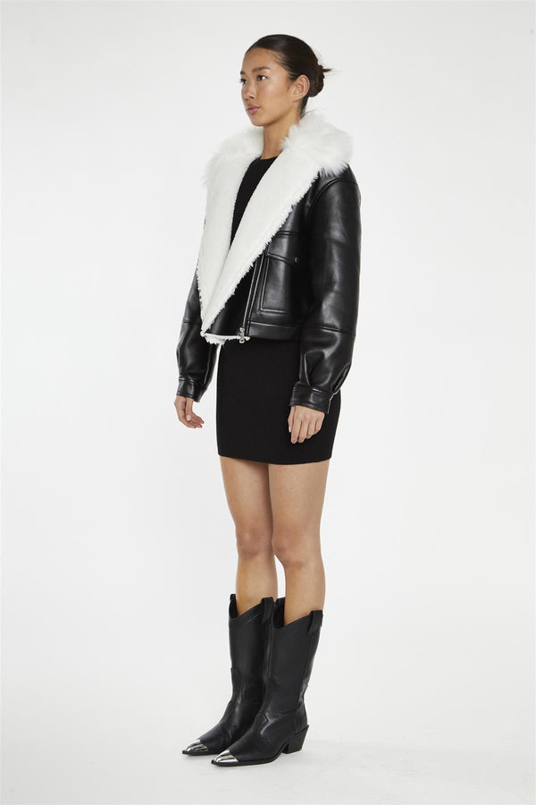 Glamorous Black-White Faux-Fur PU Jacket