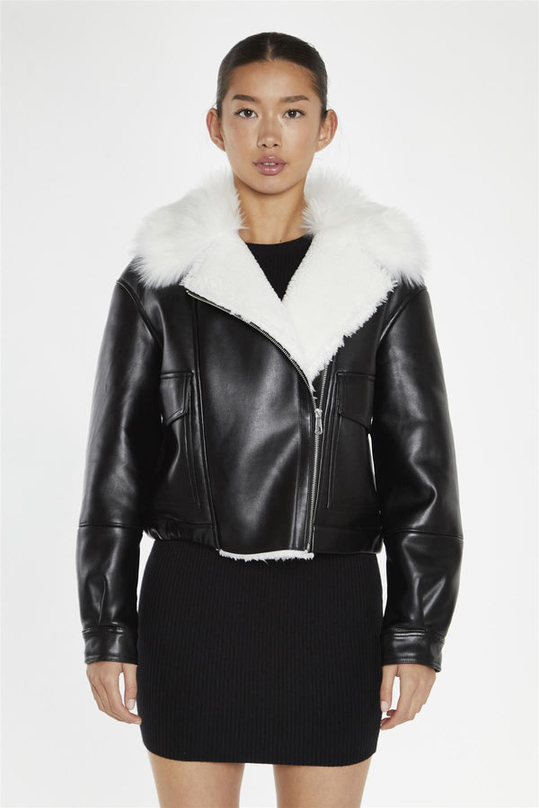 Glamorous Black-White Faux-Fur PU Jacket