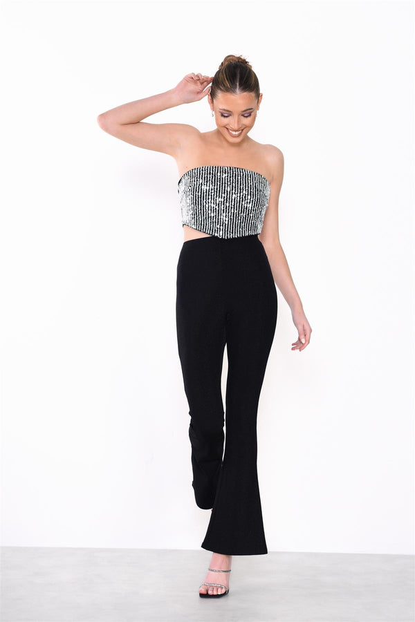 glamorous Black-White Sequin Strapless Corset-Top