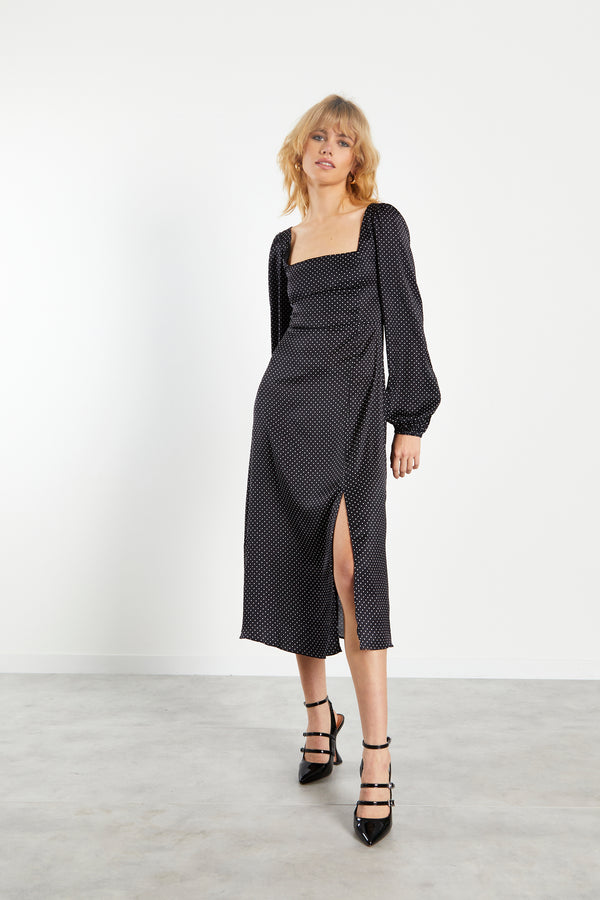 glamorous Glamorous Black White Spot Side Split Midi Dress