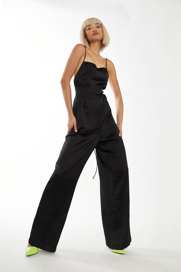 glamorous Black Wide Leg Low Tie-back Jumpsuit