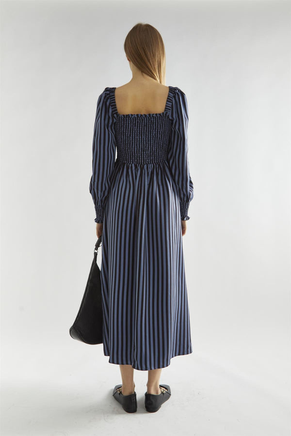 Glamorous Blue-Black Stripe Shirred Midi-Dress