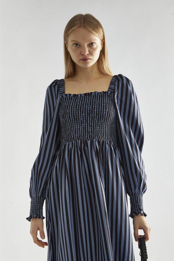 Glamorous Blue-Black Stripe Shirred Midi-Dress