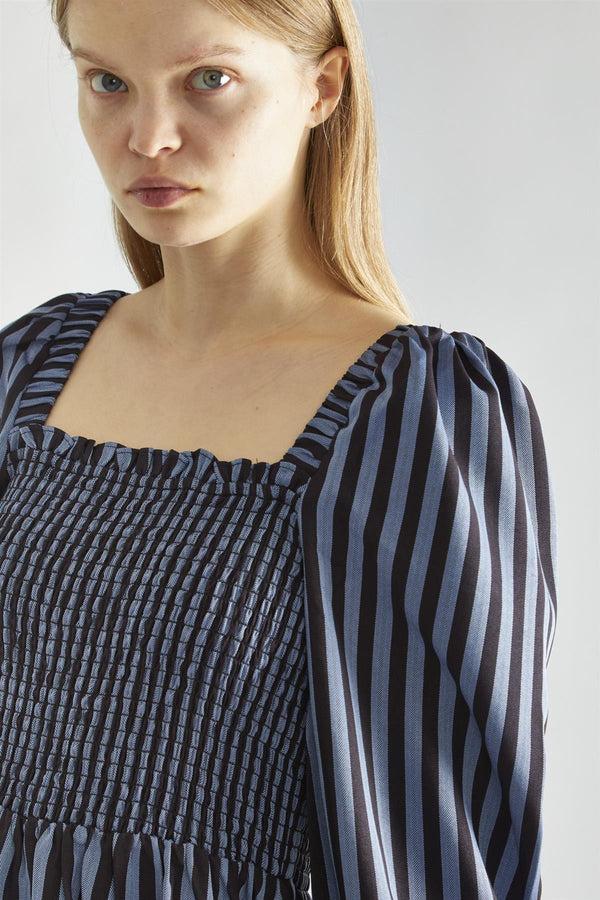 Glamorous Blue-Black Stripe Shirred Midi-Dress