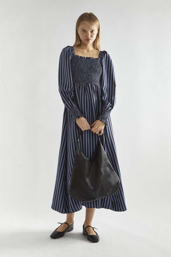 glamorous Blue-Black Stripe Shirred Midi-Dress