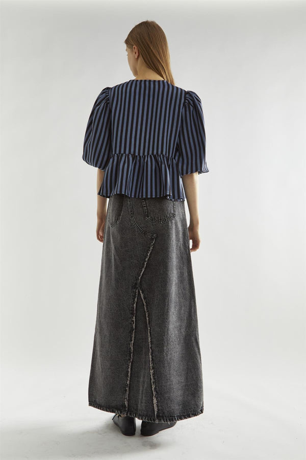 Glamorous Blue-Black Stripe Tie-Front Top