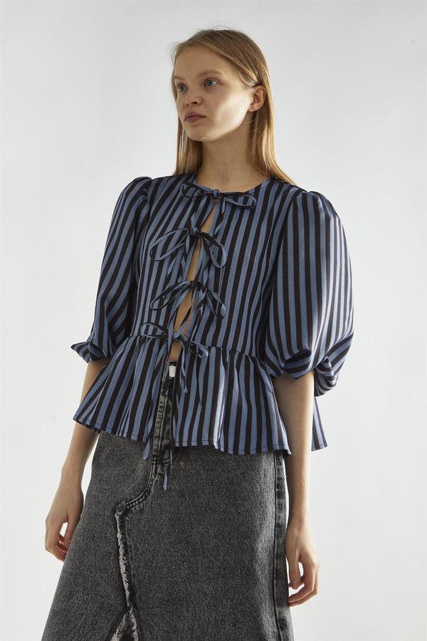 Glamorous Blue-Black Stripe Tie-Front Top