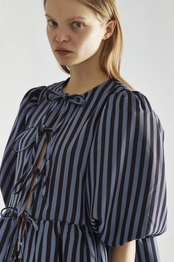 Glamorous Blue-Black Stripe Tie-Front Top