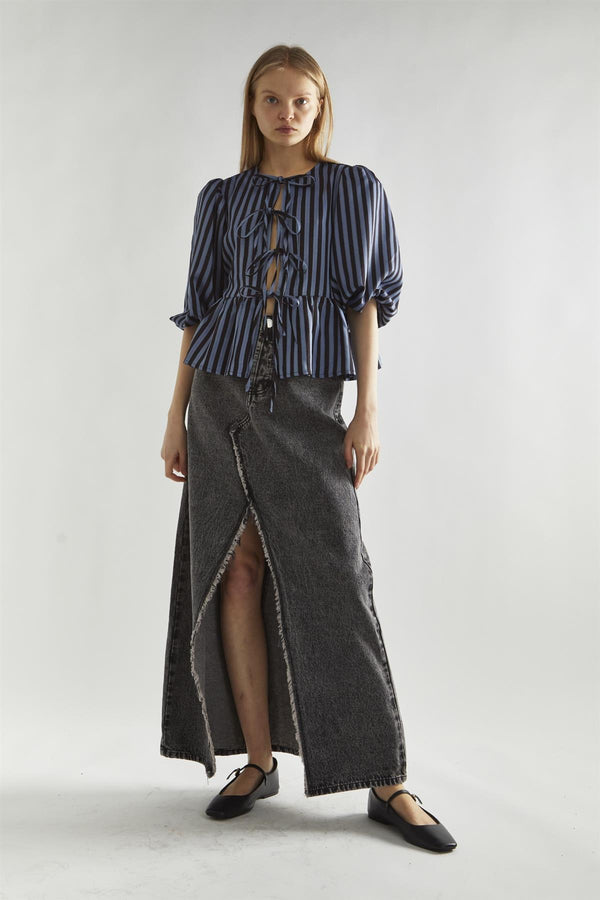 glamorous Blue-Black Stripe Tie-Front Top