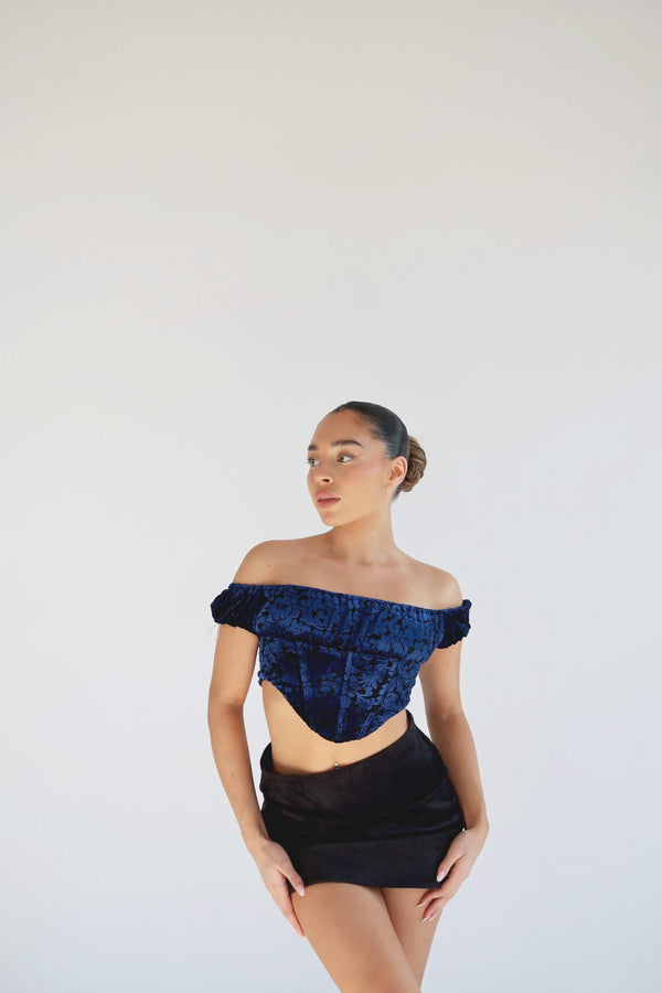 Glamorous Blue Floral-Devore Milkmaid Corset Top