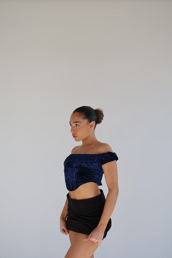 Glamorous Blue Floral-Devore Milkmaid Corset Top