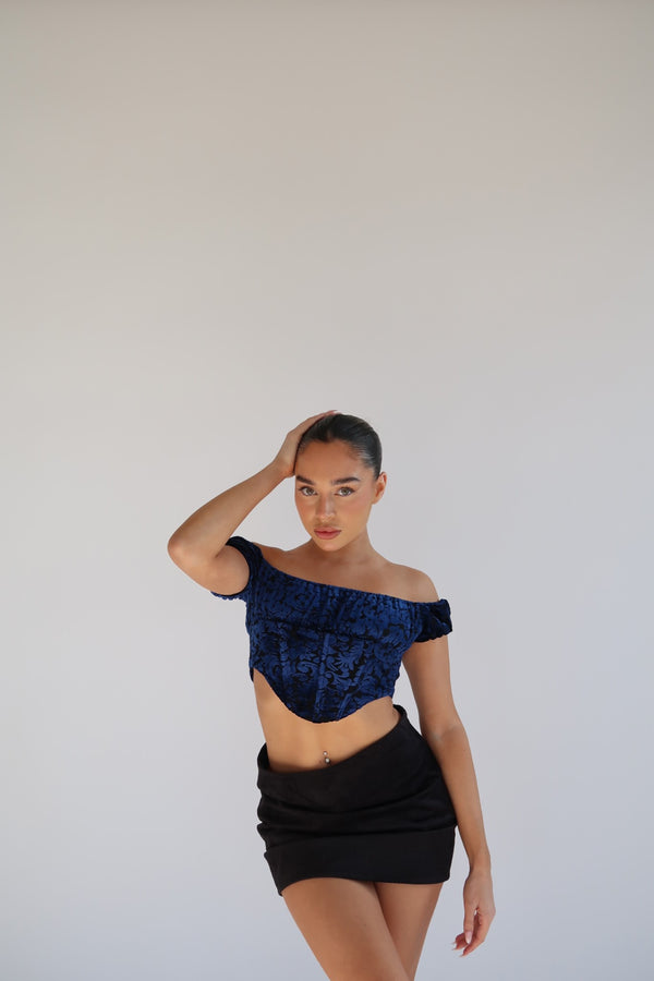 Glamorous Blue Floral-Devore Milkmaid Corset Top