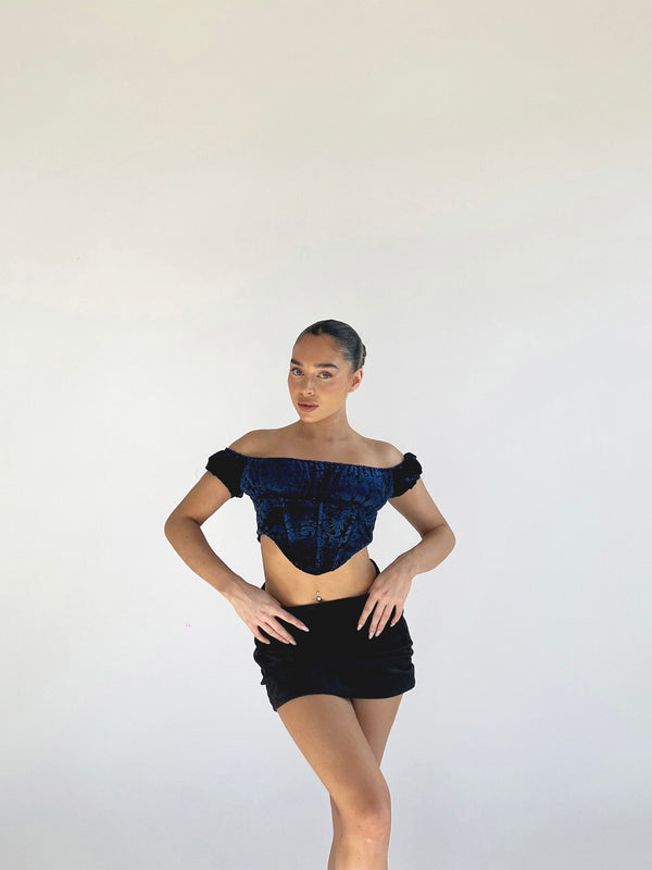 glamorous Blue Floral-Devore Milkmaid Corset Top