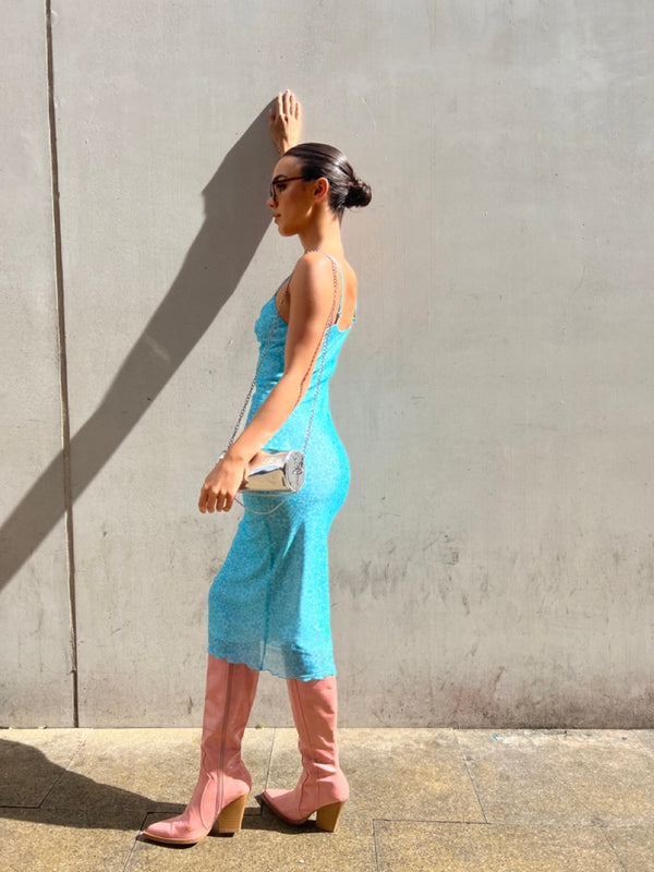 Glamorous Blue Flower Mesh Midi Dress