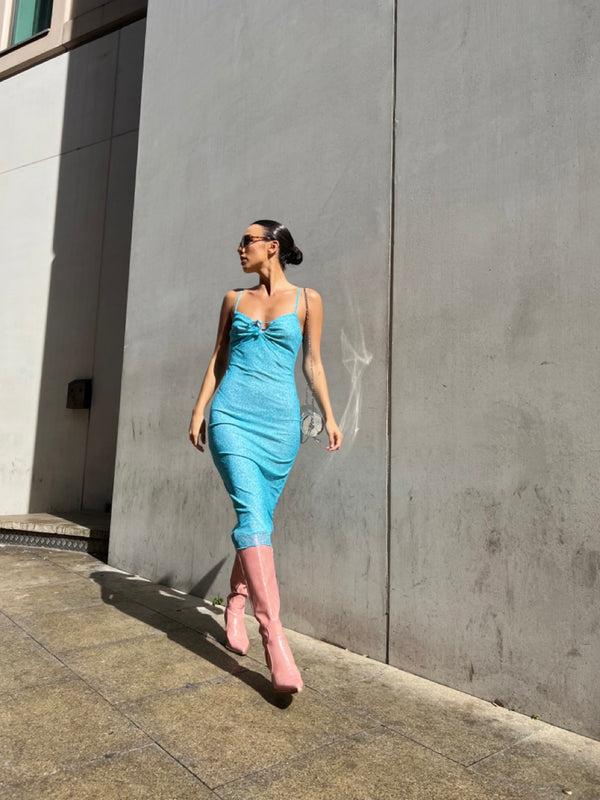 glamorous Blue Flower Mesh Midi Dress