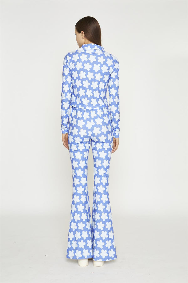 Glamorous Blue-Large Flower Flared-Trousers