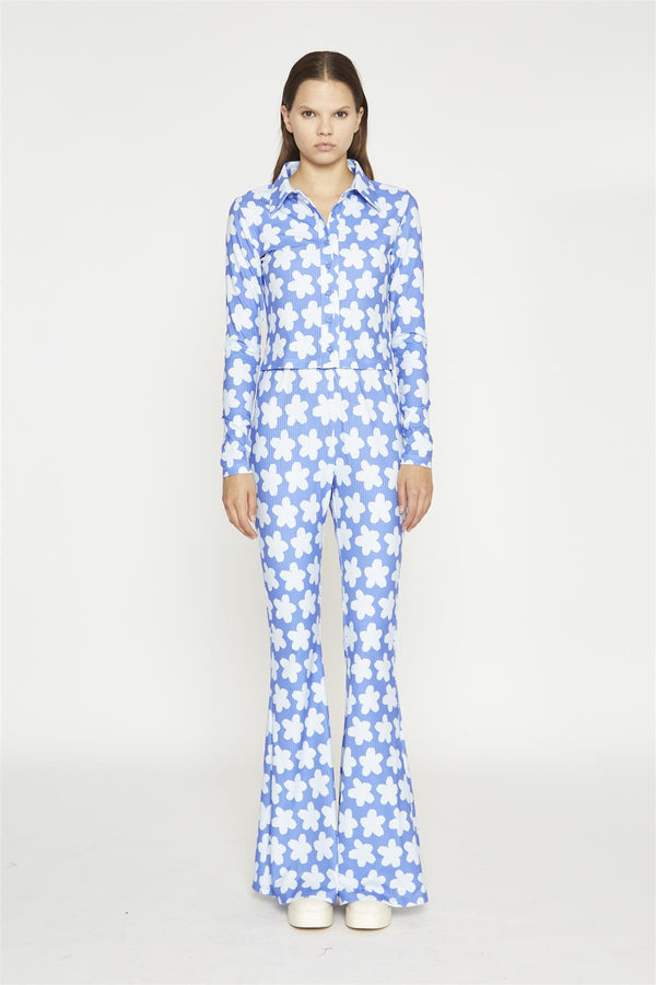 glamorous Blue-Large Flower Flared-Trousers