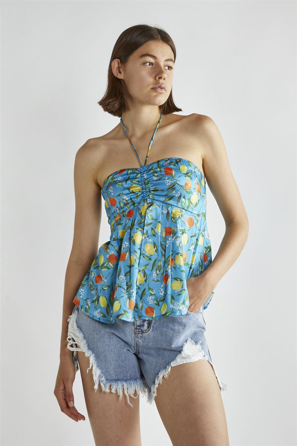 Glamorous Blue Lemon-Print Halter-Neck Top