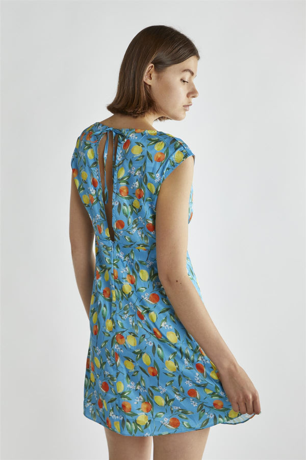 Glamorous Blue Lemon-Print V-Neck Mini-Dress