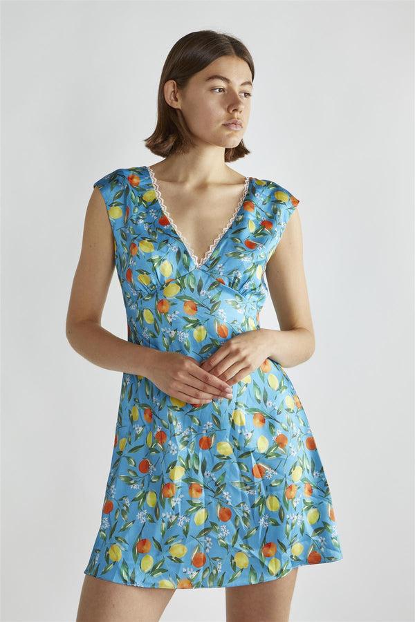 Glamorous Blue Lemon-Print V-Neck Mini-Dress