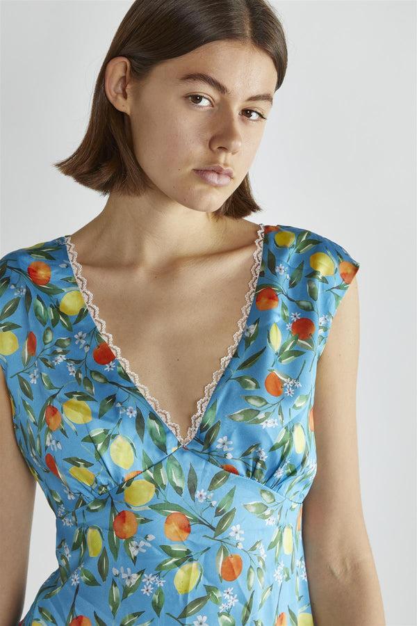 Glamorous Blue Lemon-Print V-Neck Mini-Dress