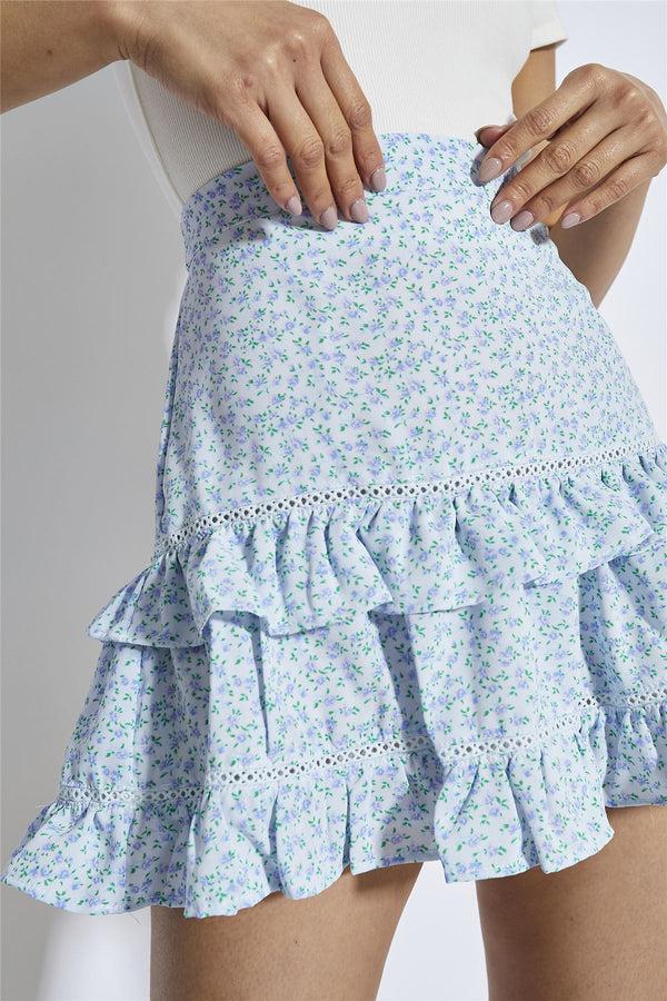Glamorous Blue Mini Vintage Rose Ruffle Mini Skirt