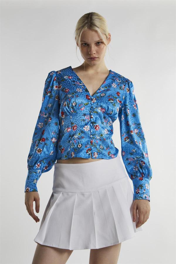 Glamorous Blue Multi-Floral Long-Sleeve Top