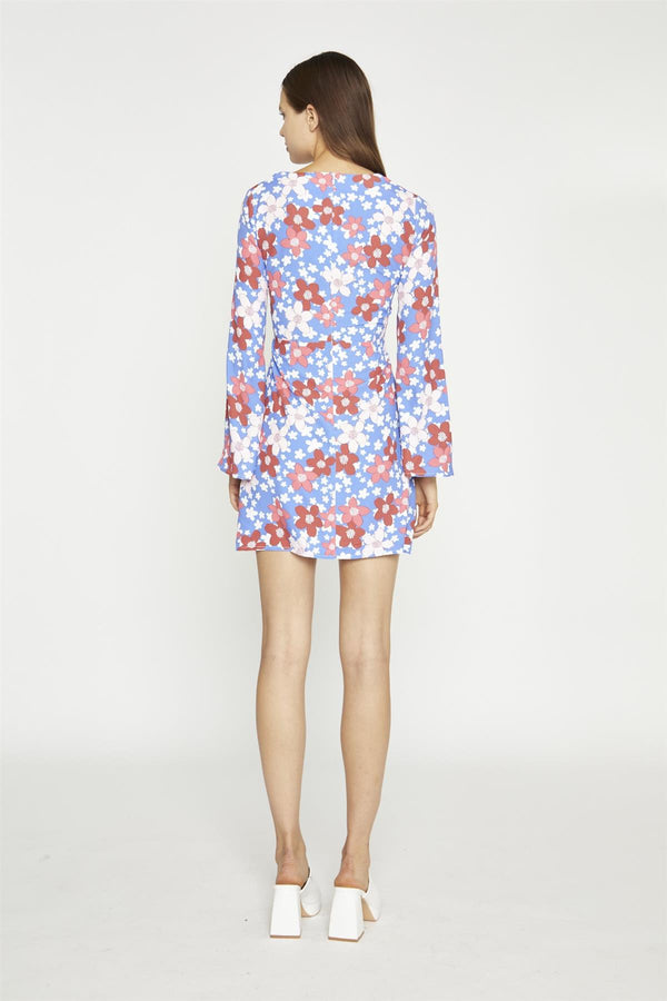 Glamorous Blue-Red Flower Fluted Sleeve Mini-Dress