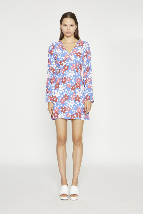 Glamorous Blue-Red Flower Fluted Sleeve Mini-Dress