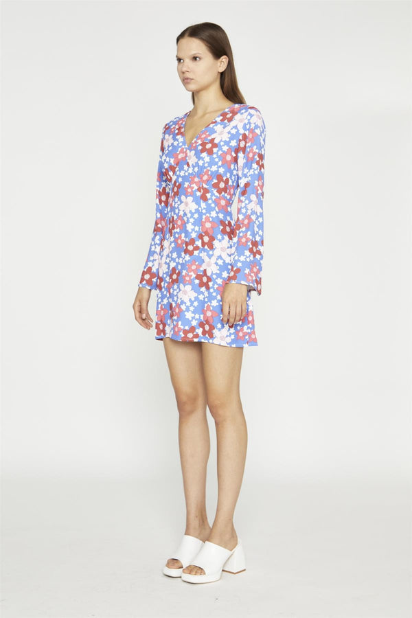 Glamorous Blue-Red Flower Fluted Sleeve Mini-Dress