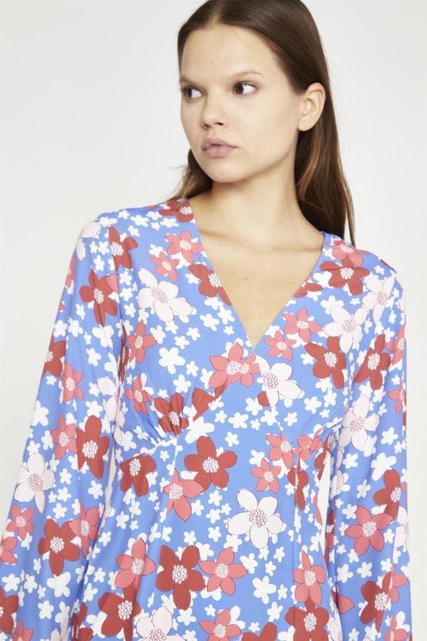 glamorous Blue-Red Flower Fluted Sleeve Mini-Dress