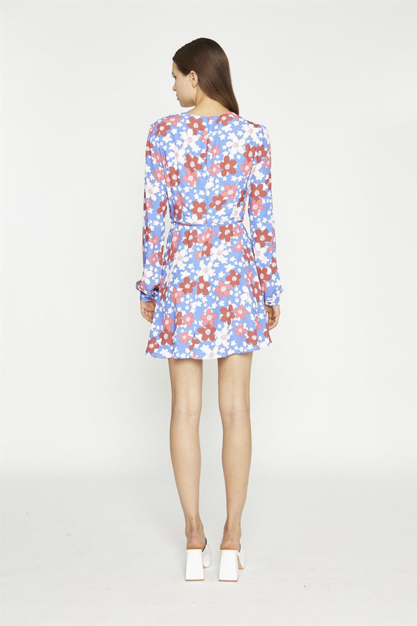 Glamorous Blue-Red Flower V-Neck Mini-Dress