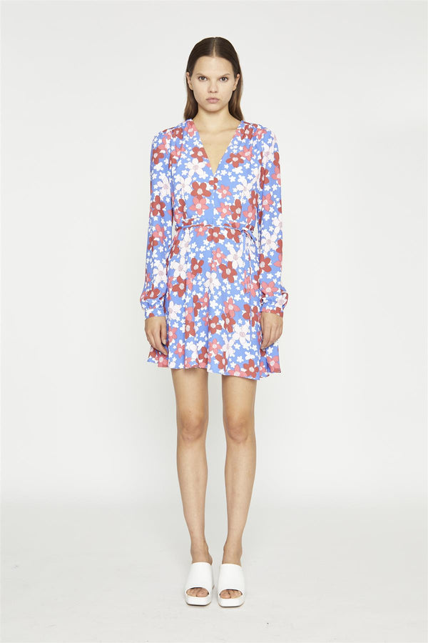 Glamorous Blue-Red Flower V-Neck Mini-Dress