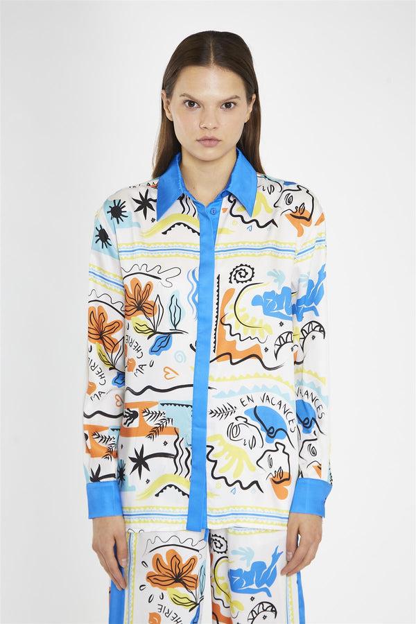 Glamorous Blue Scarf-Print Oversized-Shirt