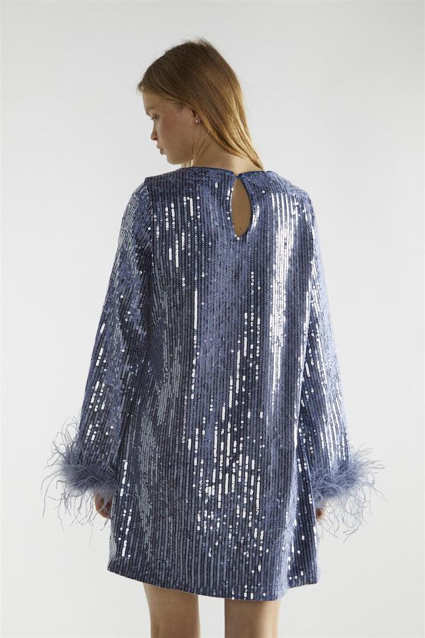 Glamorous Blue-Sequin Feather Cuff Mini-Dress