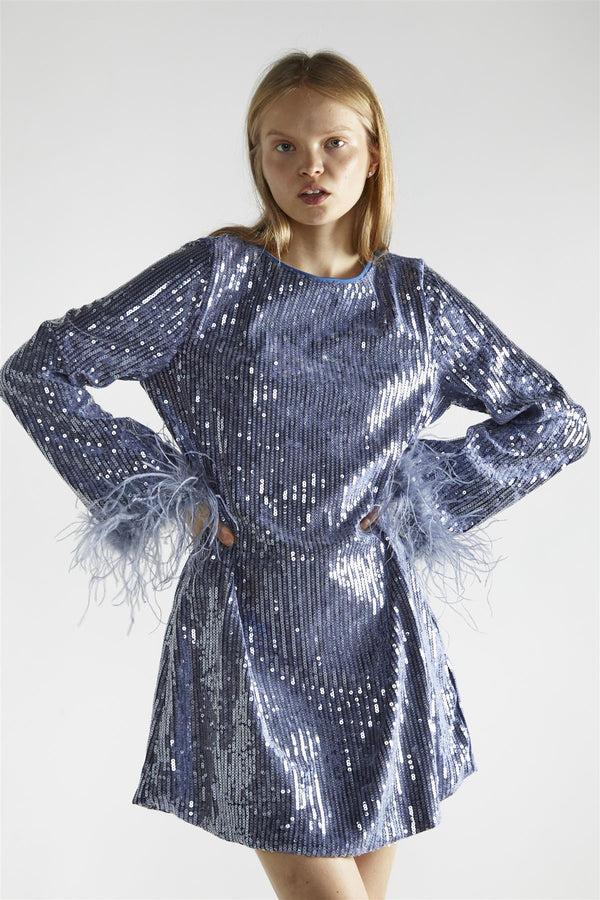 Glamorous Blue-Sequin Feather Cuff Mini-Dress