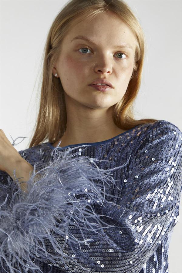 Glamorous Blue-Sequin Feather Cuff Mini-Dress