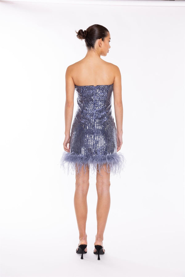 Glamorous Blue-Sequin Feather-Hem Mini-Dress