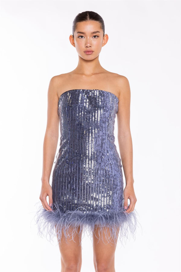 Glamorous Blue-Sequin Feather-Hem Mini-Dress