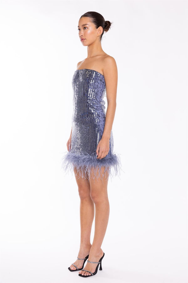 Glamorous Blue-Sequin Feather-Hem Mini-Dress